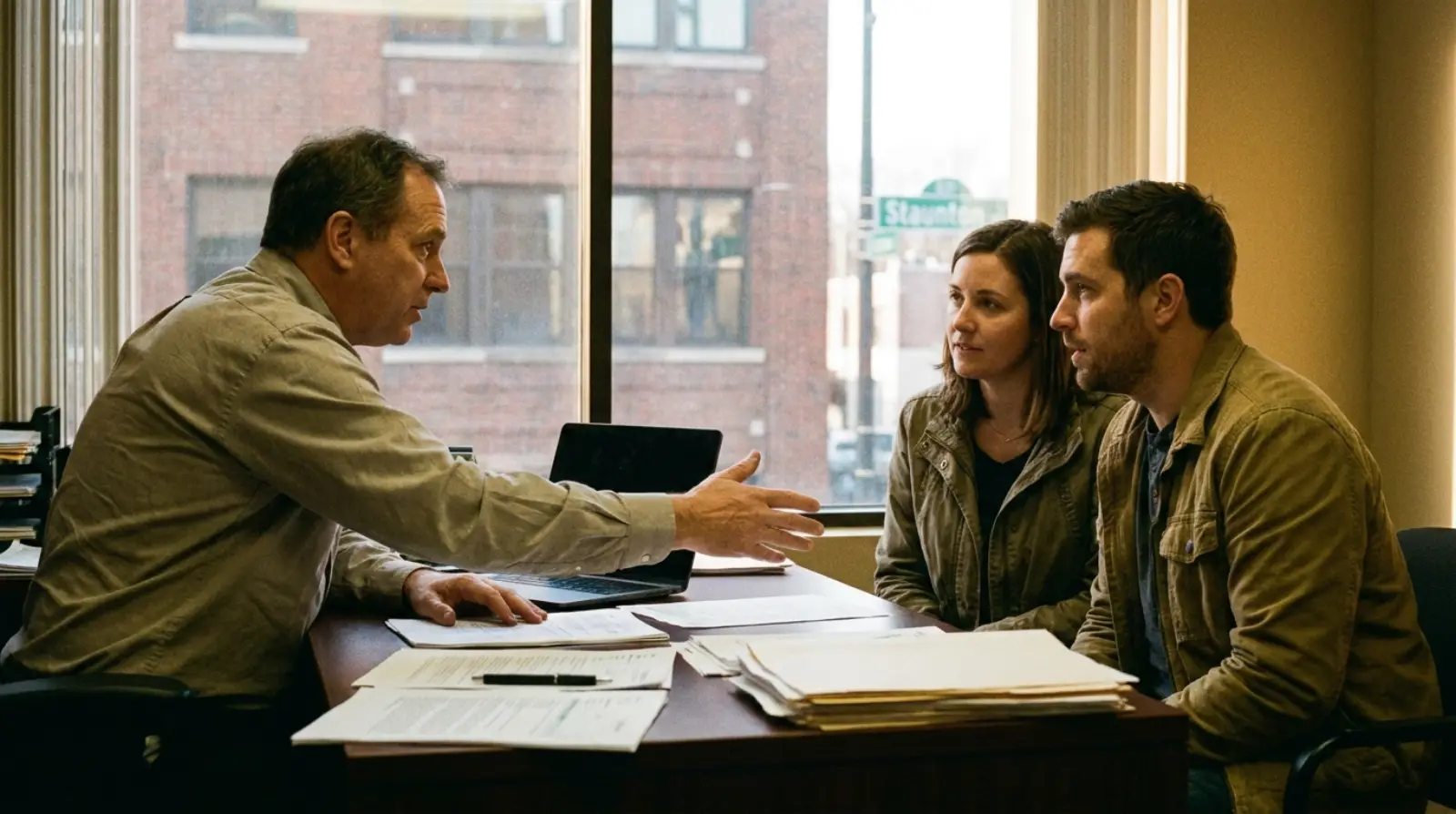 A salesperson going through the numbers with two customers at Charlie Obaugh in Staunton, VA