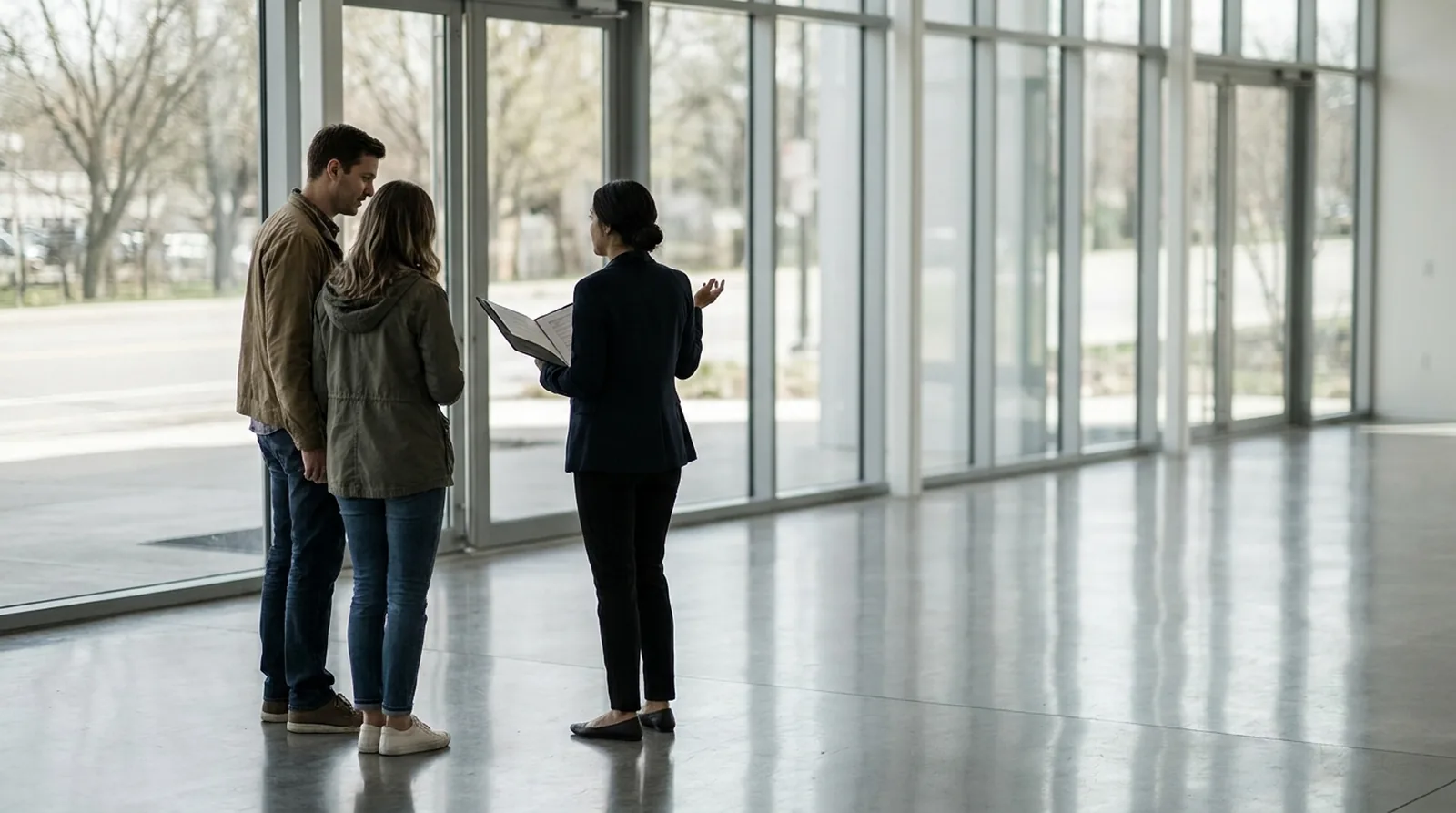 A couple talking through a first purchase with a salesperson in the Charlie Obaugh showroom
