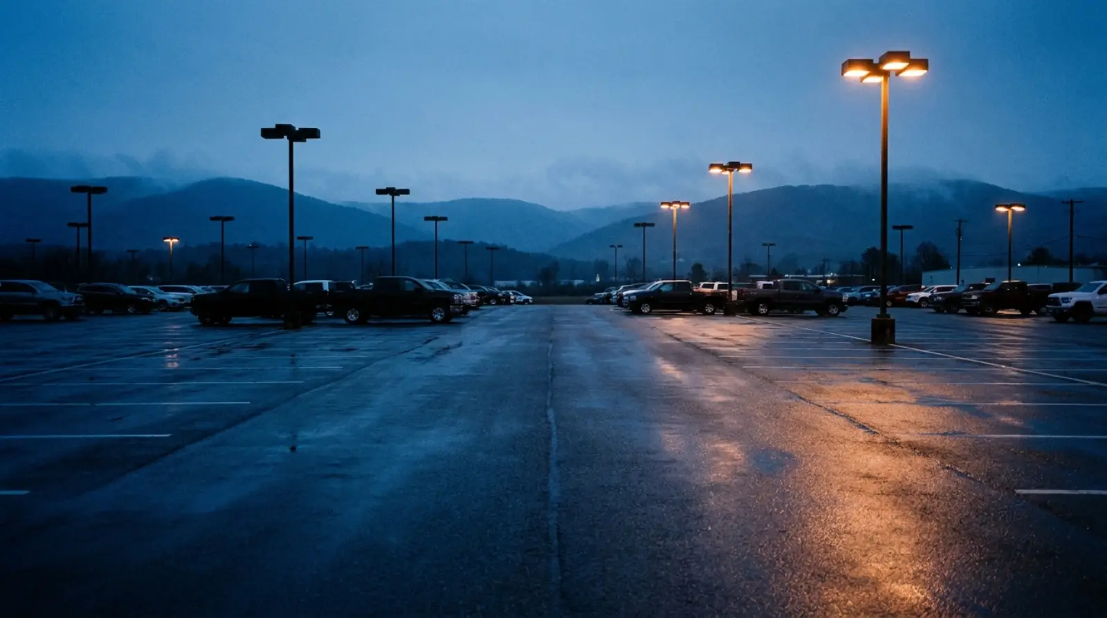 The Charlie Obaugh lot in Staunton, VA at dusk, with the Blue Ridge behind it