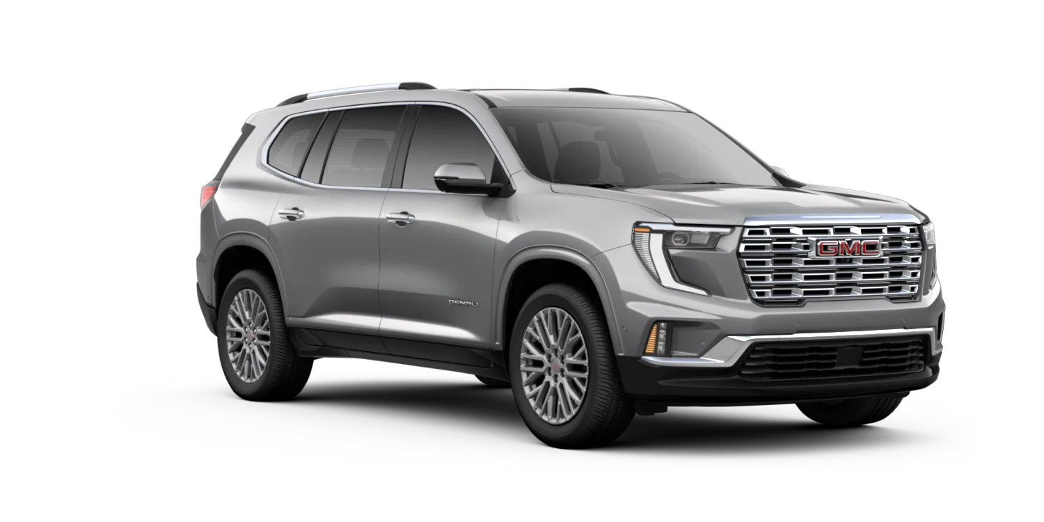 2026 GMC Acadia Denali in Sterling Metallic, GMC studio render, in stock at Charlie Obaugh in Staunton, Virginia