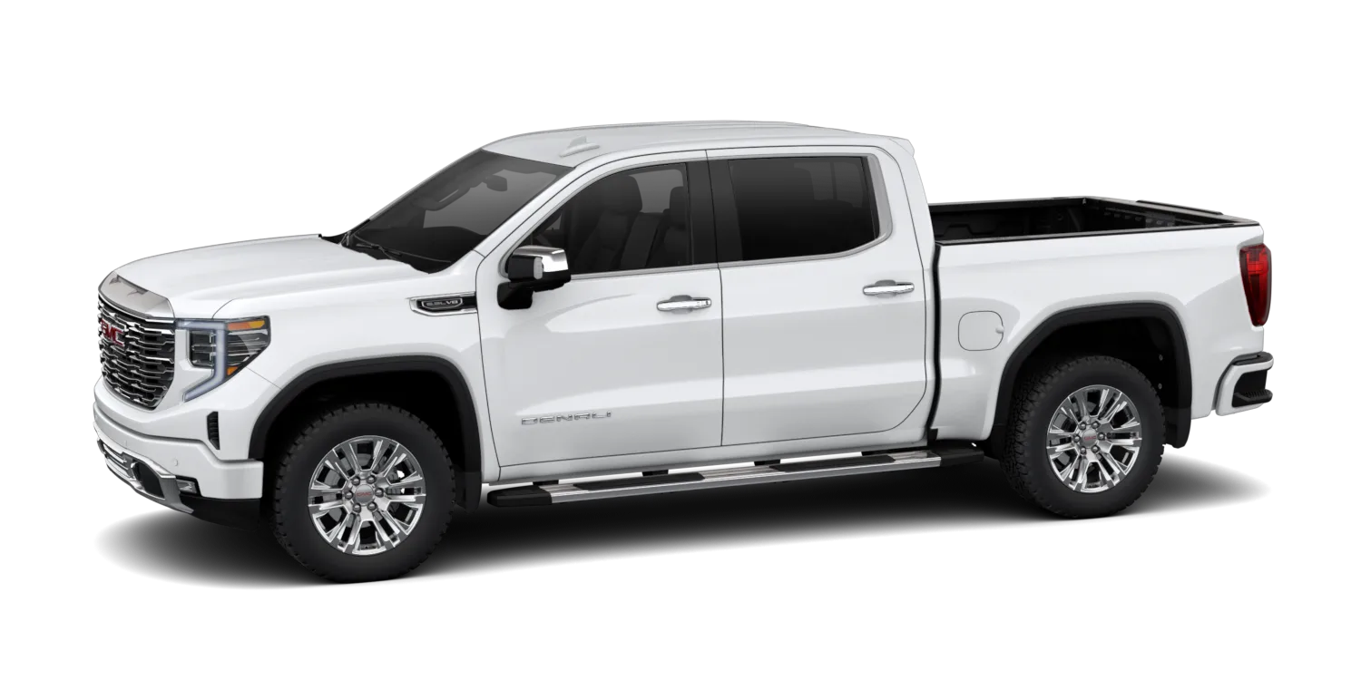 2026 GMC Sierra 1500 Denali in Glacier White Tricoat, GMC studio render, in stock at Charlie Obaugh in Staunton, Virginia