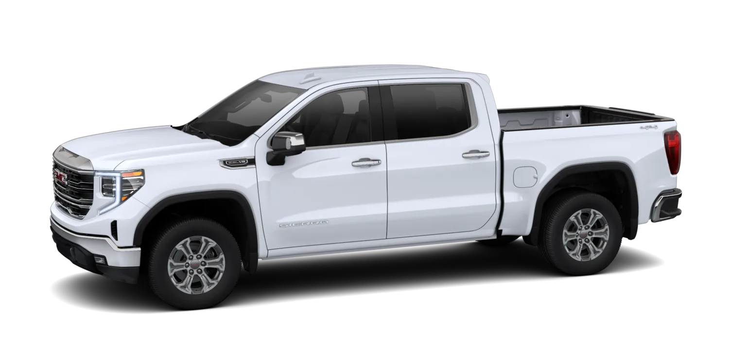 2026 GMC Sierra 1500 SLT in Glacier White Tricoat, GMC studio render, in stock at Charlie Obaugh in Staunton, Virginia