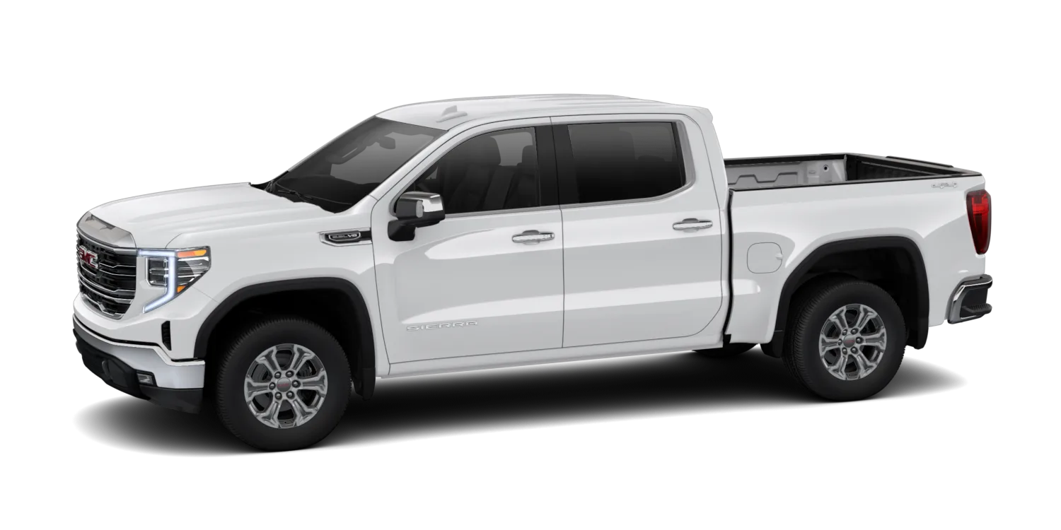 2026 GMC Sierra 1500 SLT in Summit White, GMC studio render, in stock at Charlie Obaugh in Staunton, Virginia