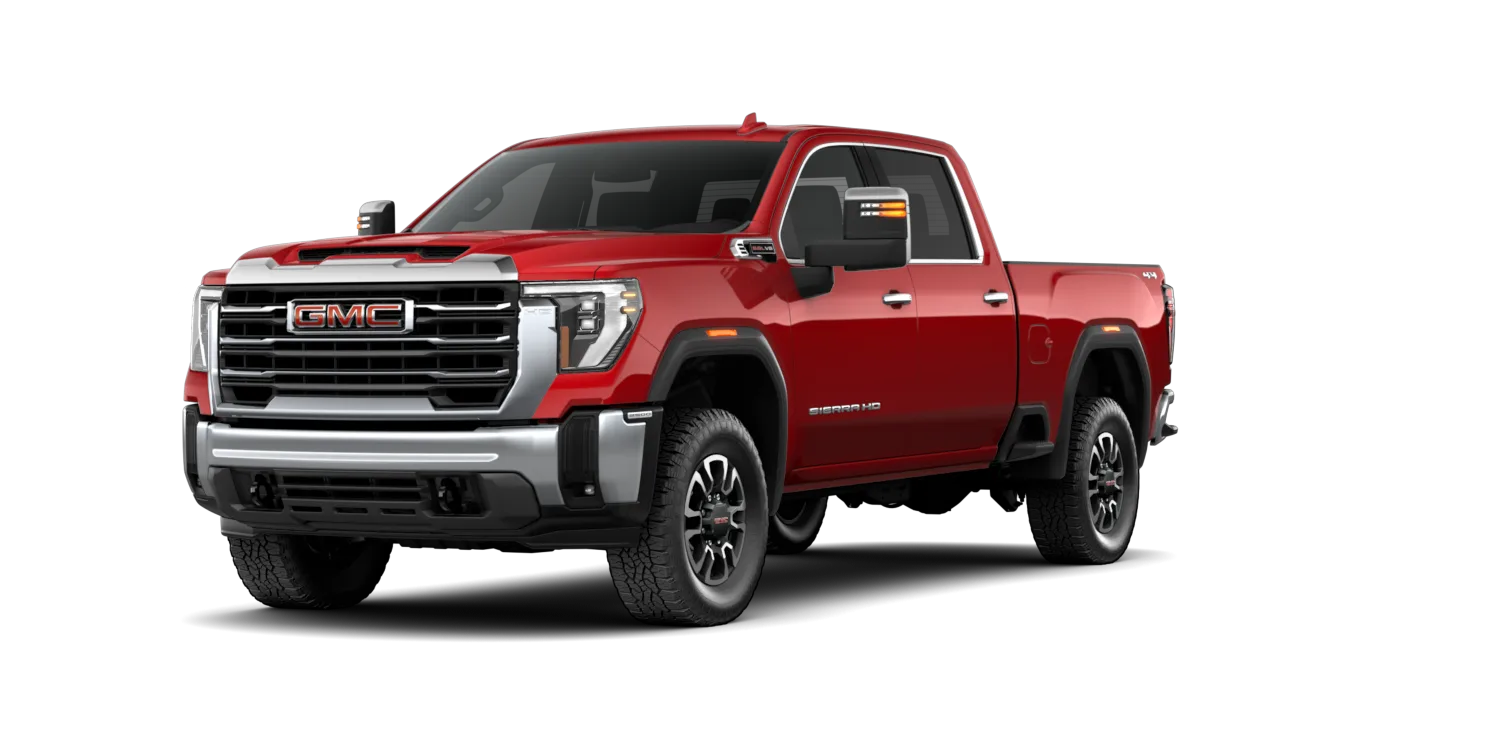 2026 GMC Sierra 2500HD SLT in Volcanic Red Tintcoat, GMC studio render, in stock at Charlie Obaugh in Staunton, Virginia