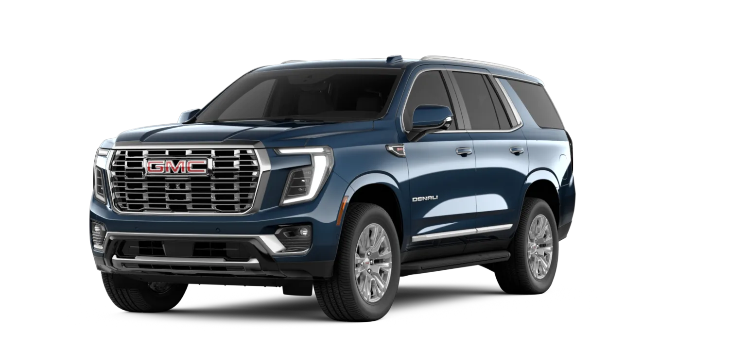 2026 GMC Yukon Denali in Downpour Metallic, GMC studio render, in stock at Charlie Obaugh in Staunton, Virginia