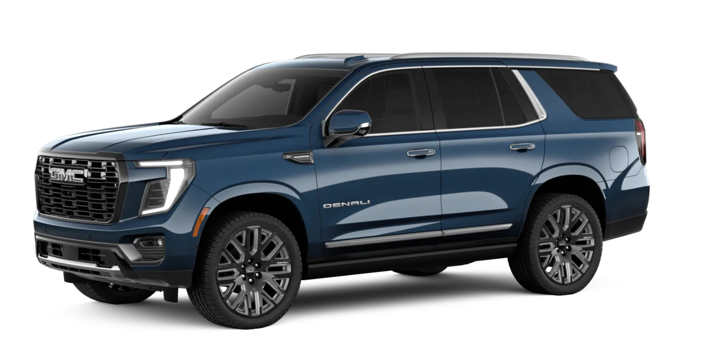 2026 GMC Yukon Denali Ultimate in Downpour Metallic, GMC studio render, in stock at Charlie Obaugh in Staunton, Virginia
