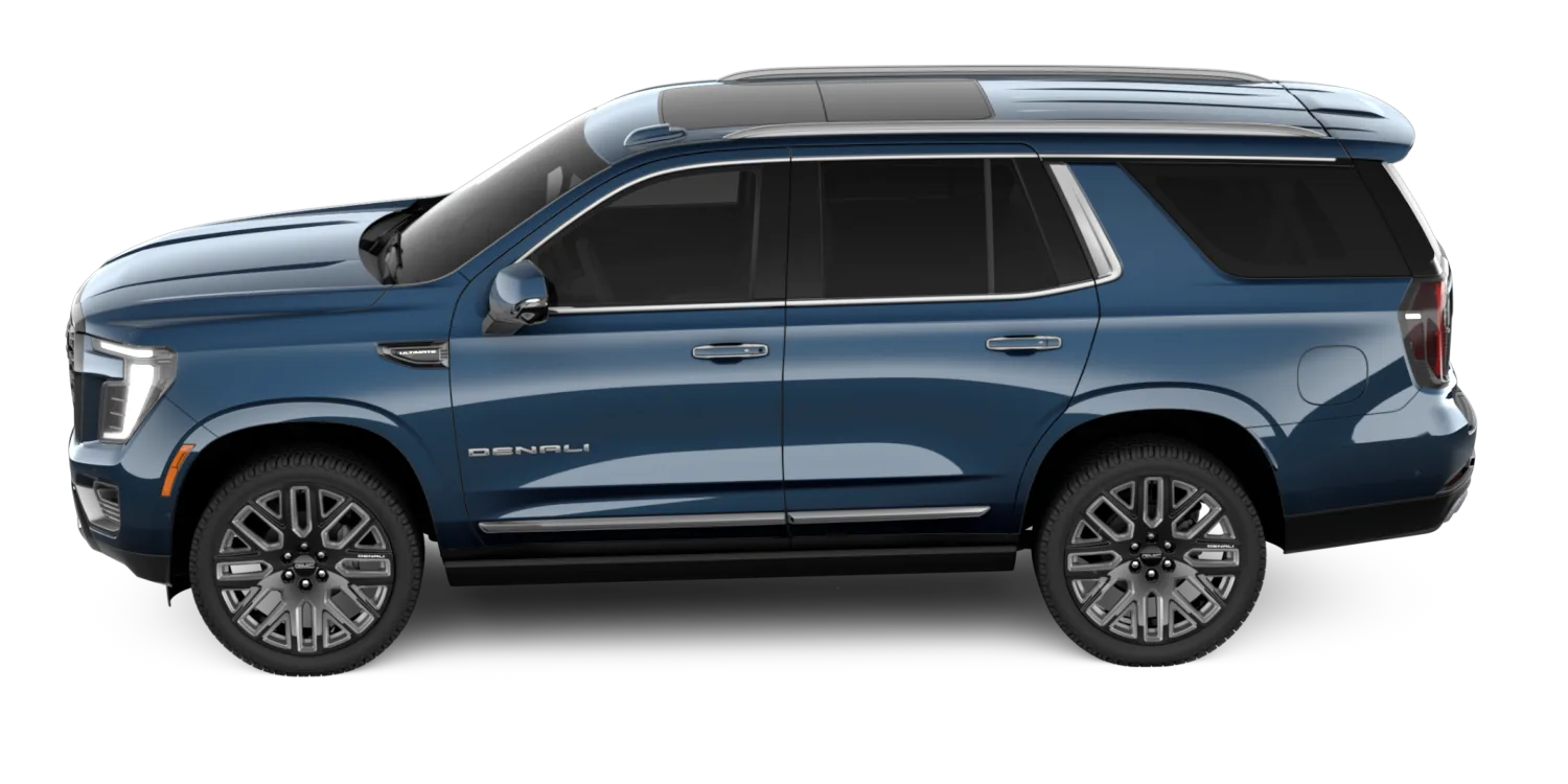 2026 GMC Yukon Denali Ultimate in Downpour Metallic, GMC studio render, in stock at Charlie Obaugh in Staunton, Virginia
