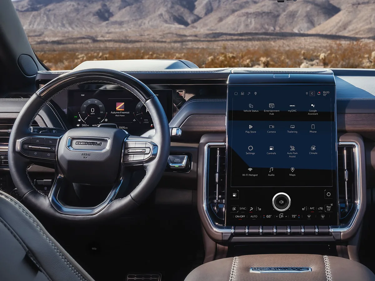 Interior View of the Steering Wheel, Dashboard, and Infotainment System in the 2026 GMC Yukon Large SUV